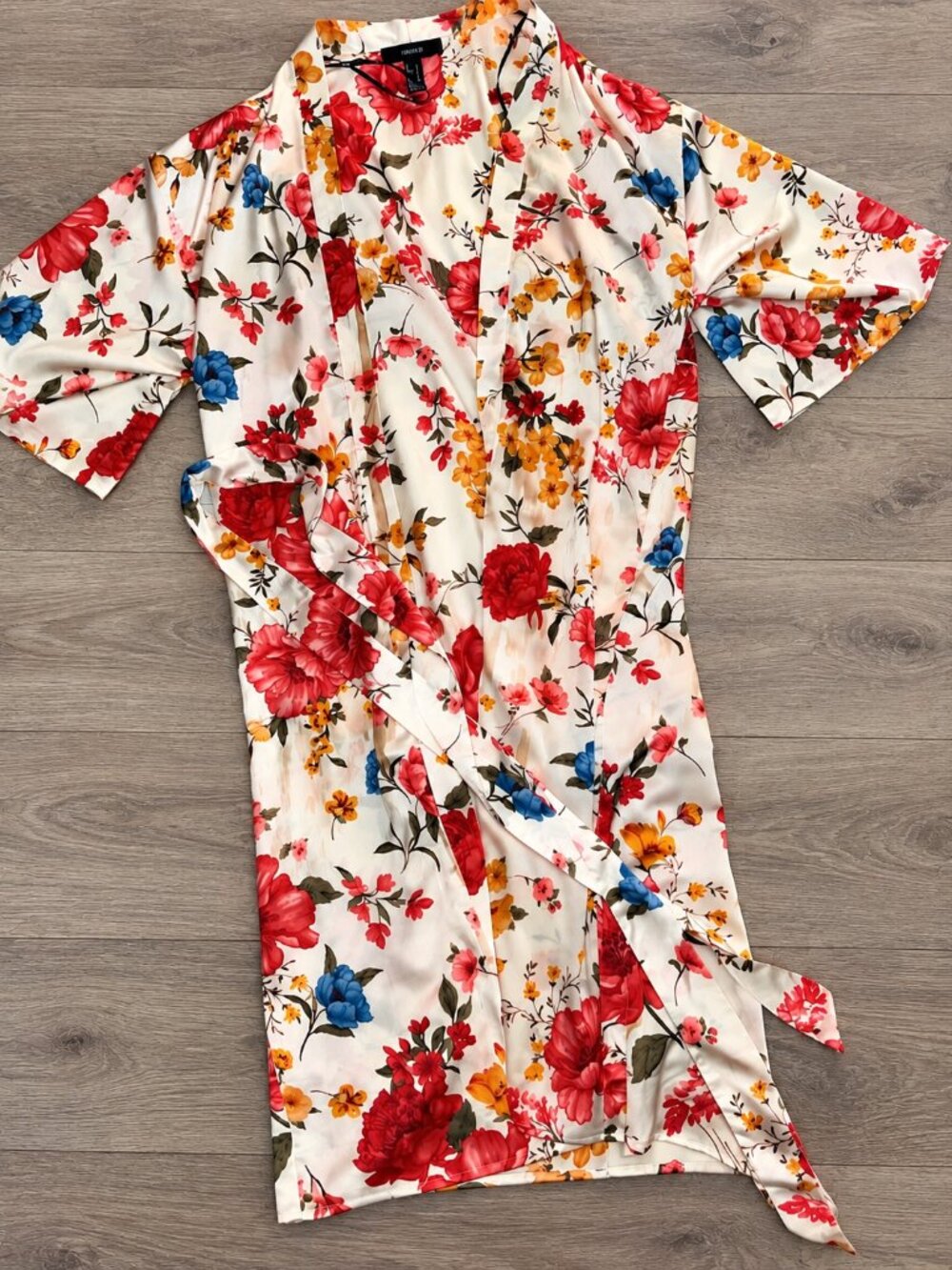 Forever 21 Floral Satin Kimono Robe Wrap Dress Ivory Multicolor Size S